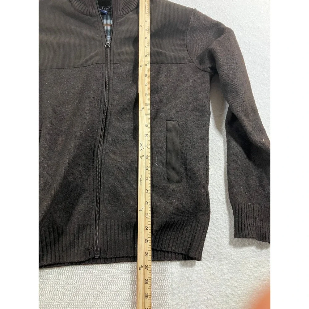 Izod Mens Fleece Lined Full Zip Knit Sweater Brown Mock Neck Size Small Jacket